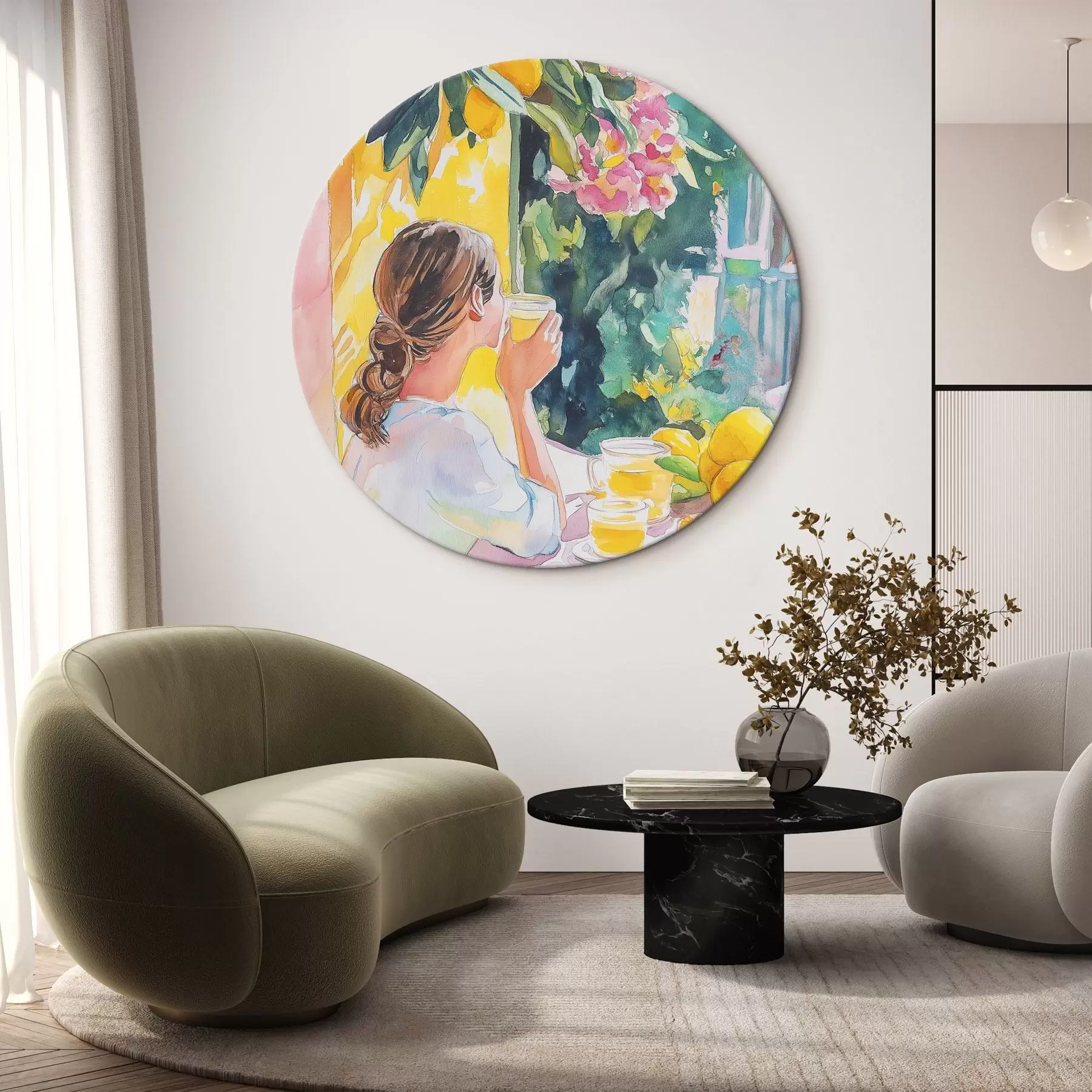 carta da parati Vibrazioni estive, ragazza al caffè, limoncello, Italia, stile acquerello nr. r44505