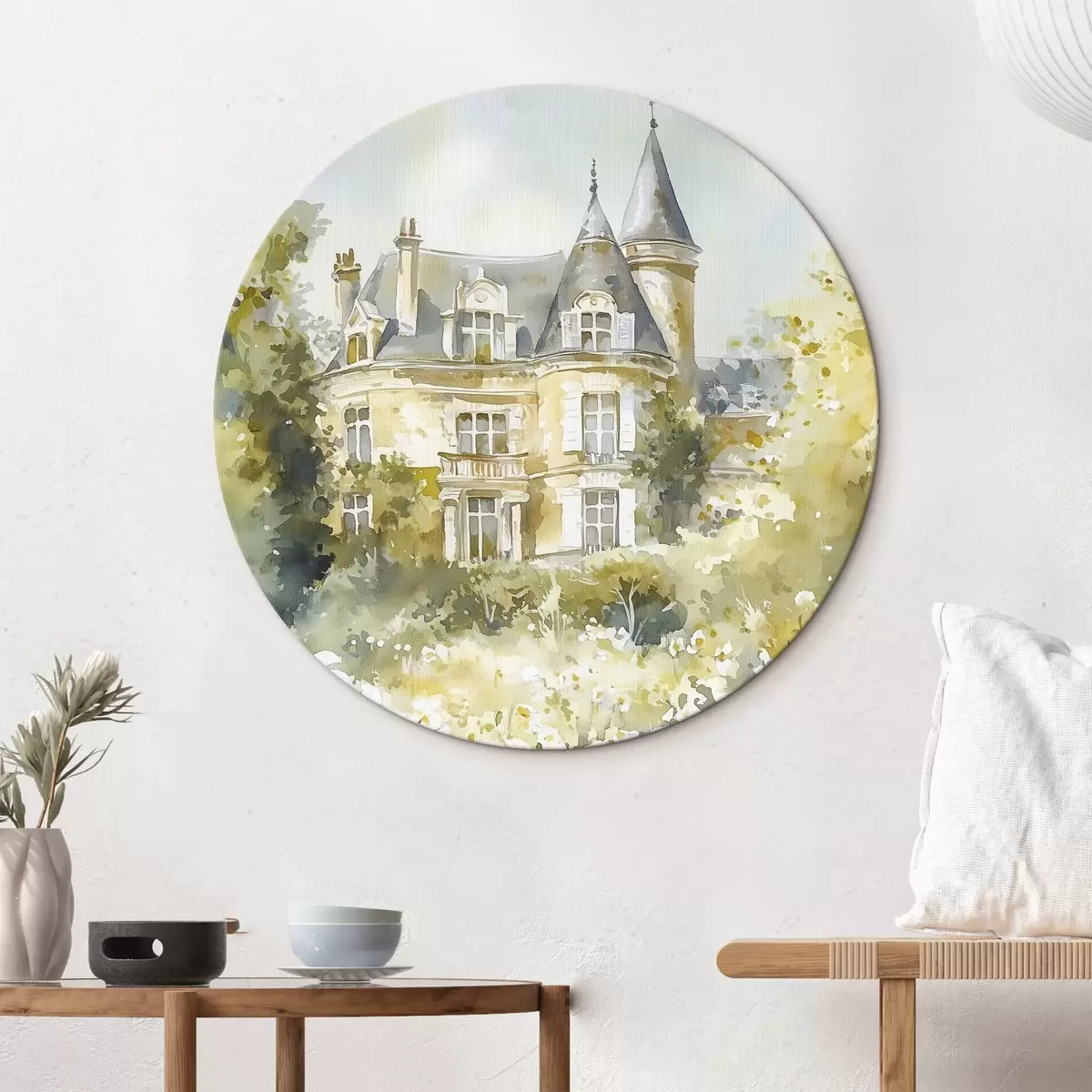 Quadri rotondi Bellissimo castello con fiori verdi e bianchi, stile acquerello r44506