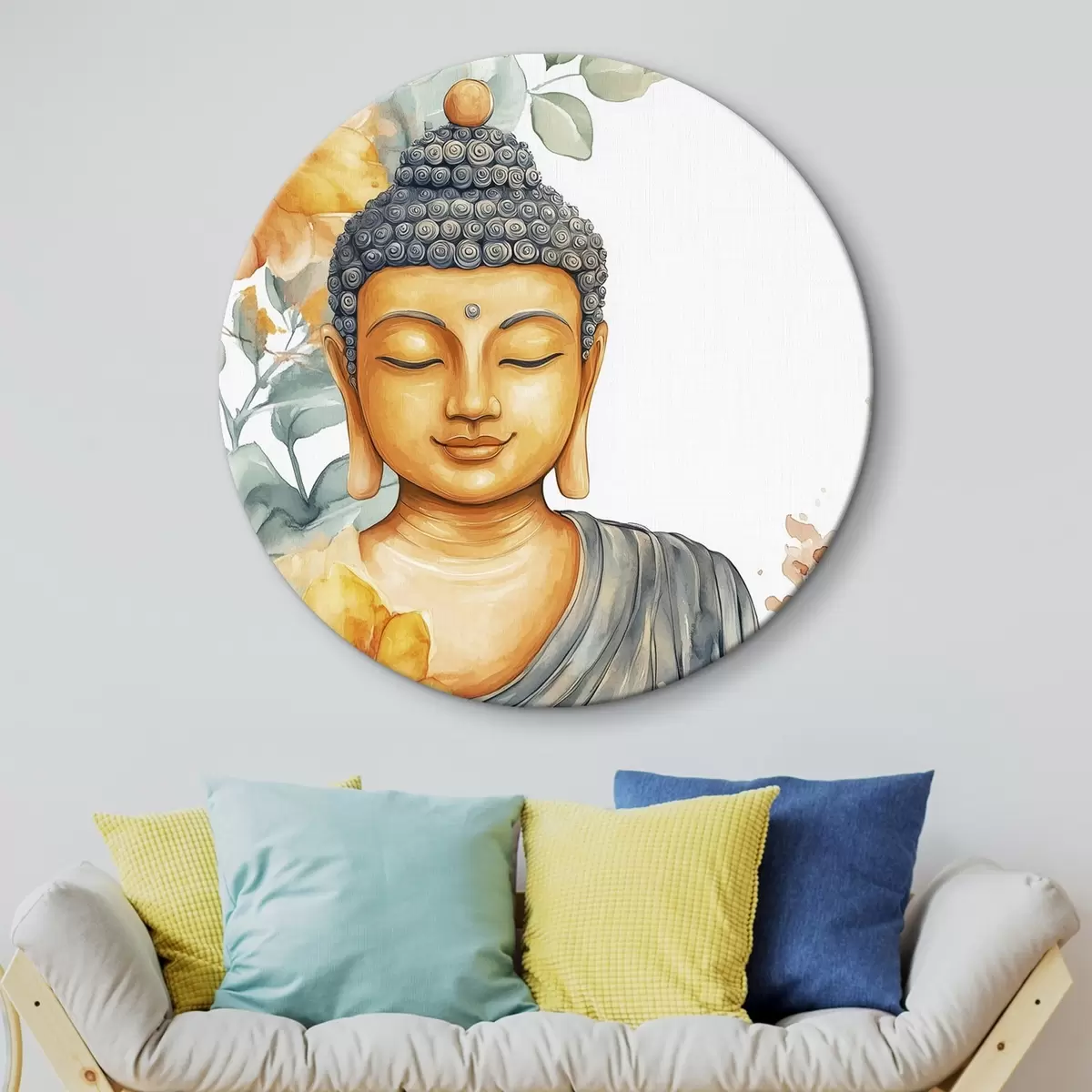 Quadri rotondi Buddha circondato da fiori arancioni, stile acquerello r44508