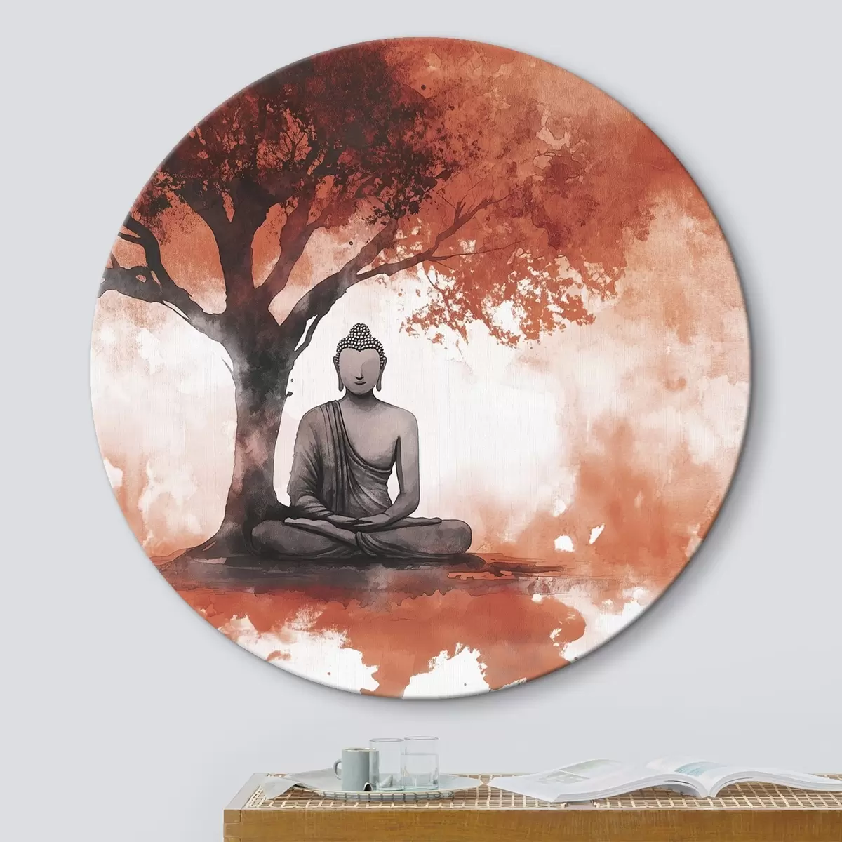 Quadri rotondi Buddha seduto sotto l'albero, meditazione, spirituale, colori arancioni r44512