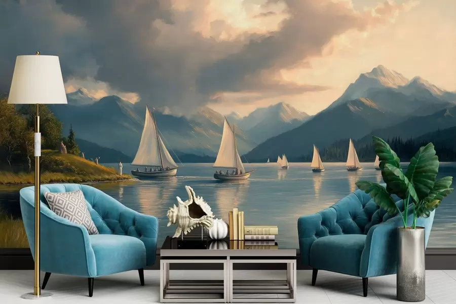 Carta da parati nature regata su un lago con cielo nuvoloso nello stile di un dipinto a olio del XIX secolo 