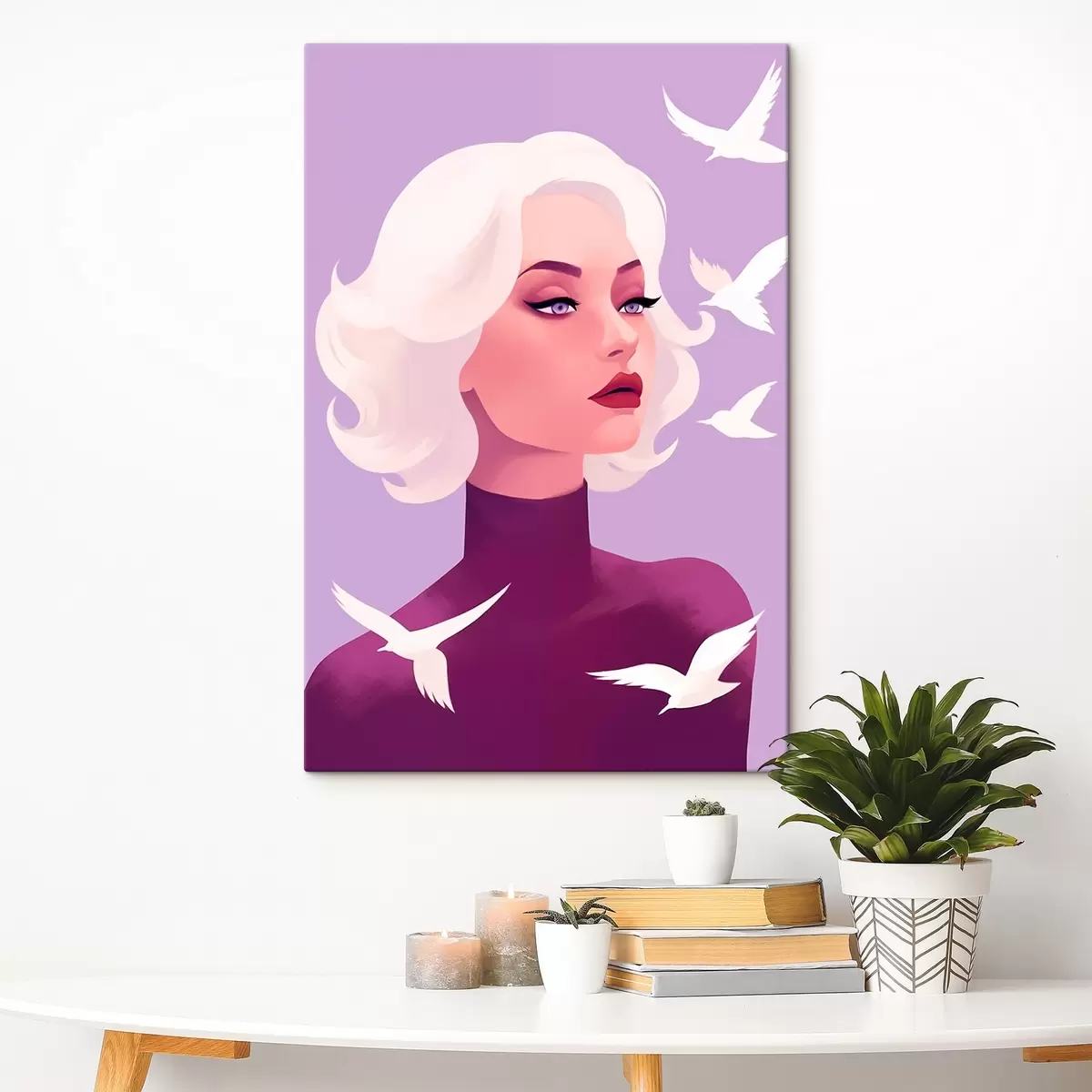 carta da parati Ritratto femminile con capelli bianchi su sfondo con uccelli nr. s44681