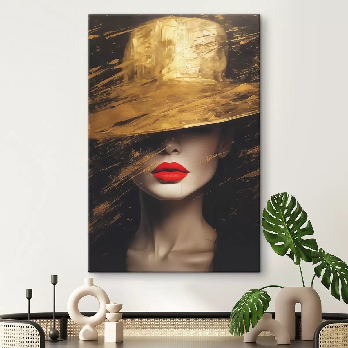 carta da parati Volto femminile con rossetto rosso sotto un ampio cappello nr. s44691