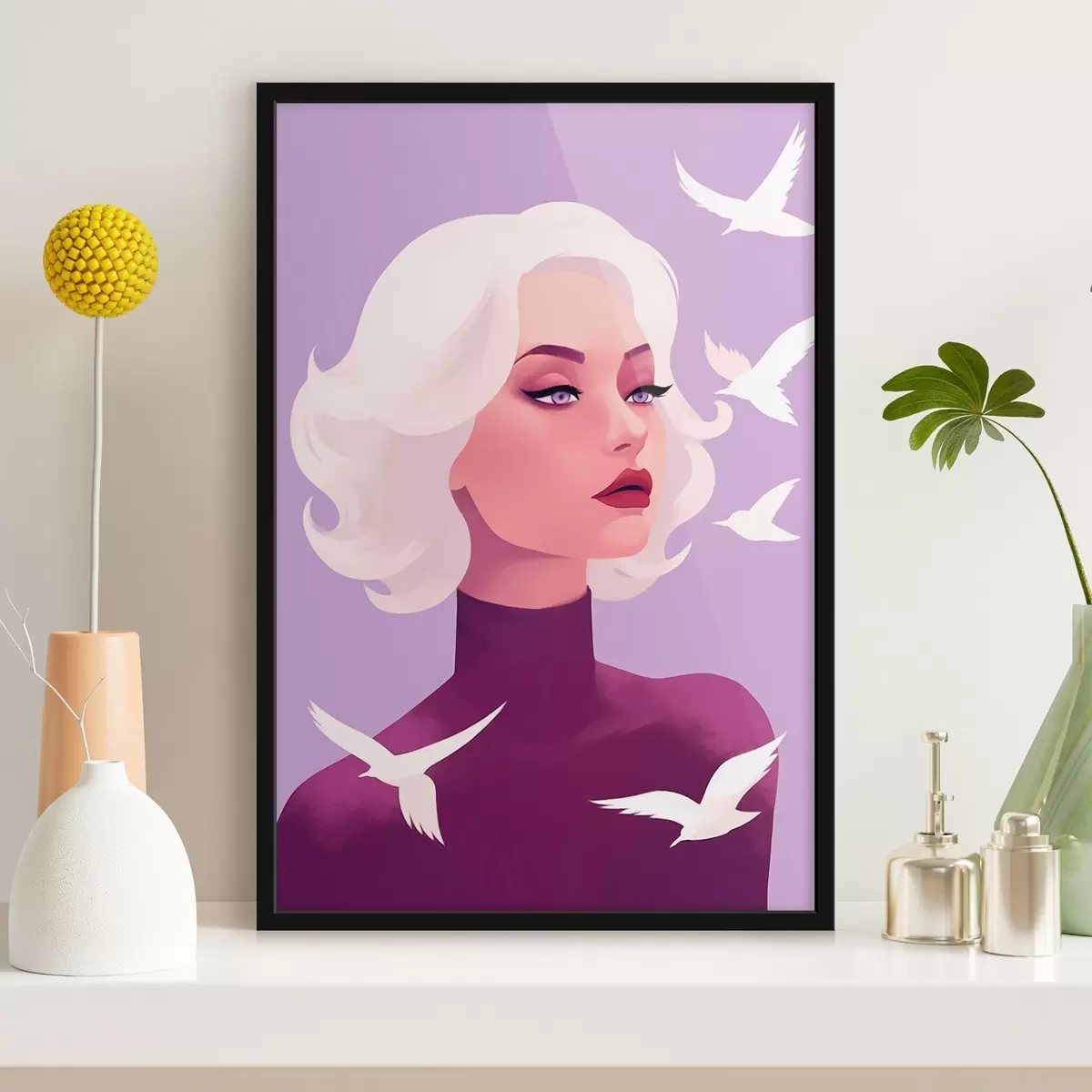 Poster Ritratto femminile con capelli bianchi su sfondo con uccelli f44681