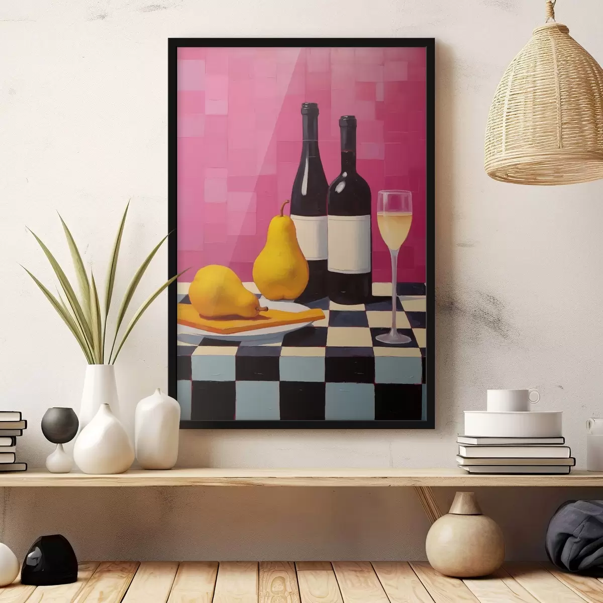 Poster Pere, un bicchiere di vino e due bottiglie di vino f44683