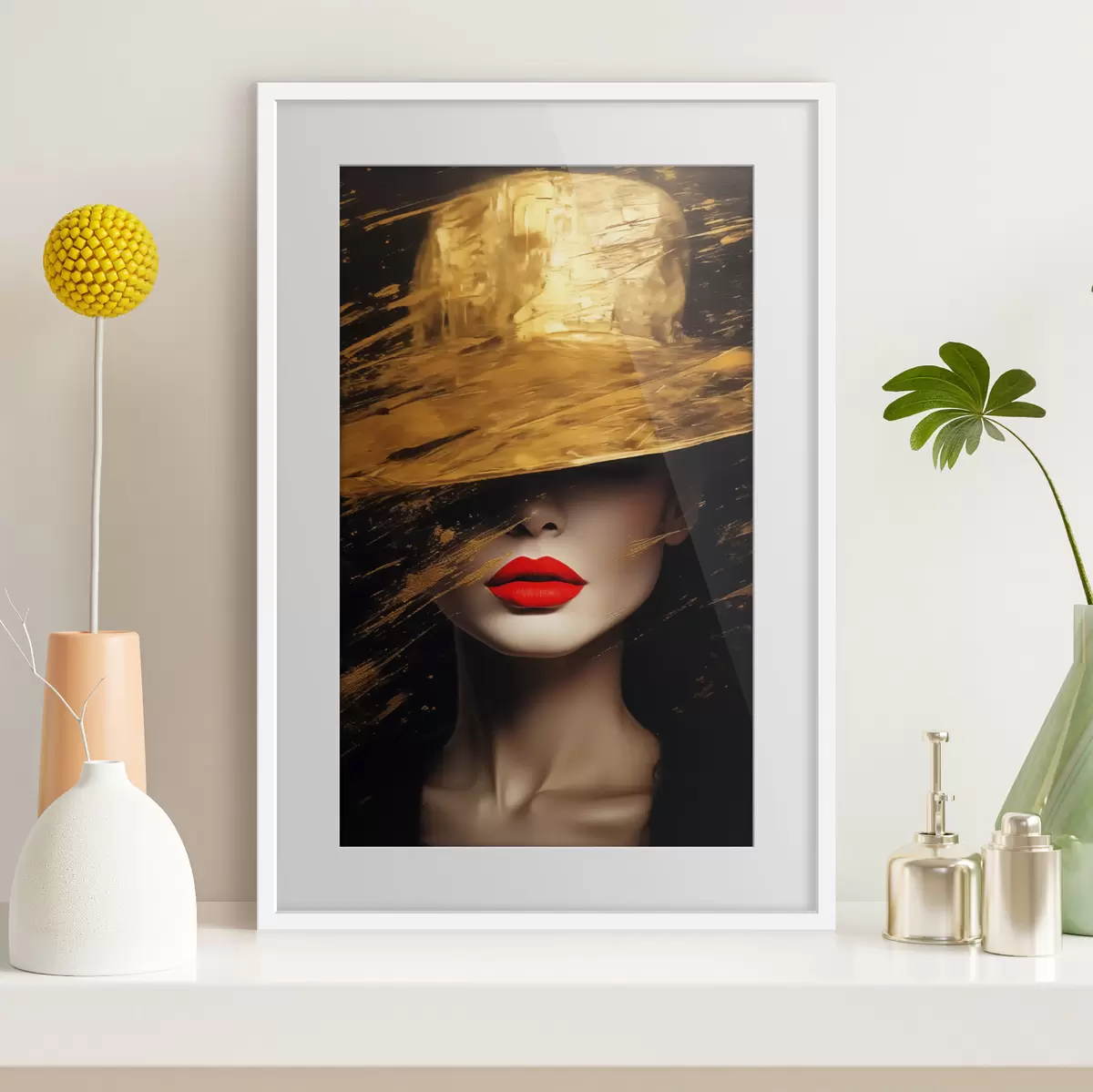 Poster Labbra rosse e cappello dorato f44691