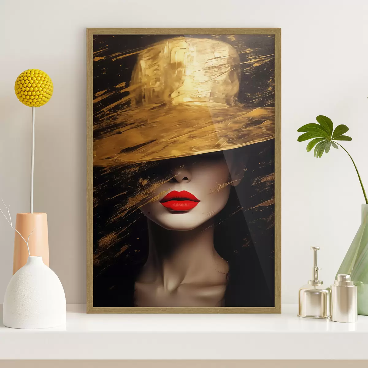 Poster Labbra rosse e cappello dorato f44691