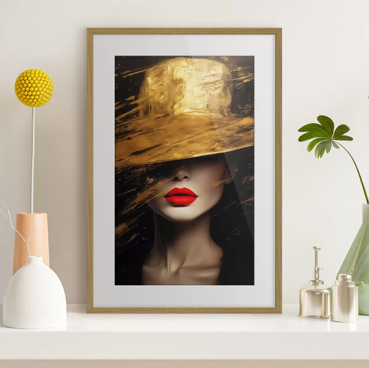 Poster Labbra rosse e cappello dorato f44691