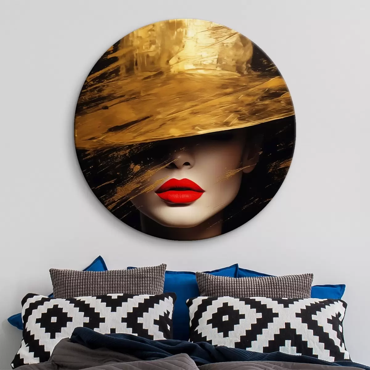Quadri rotondi Volto femminile con rossetto rosso sotto un ampio cappello r44691