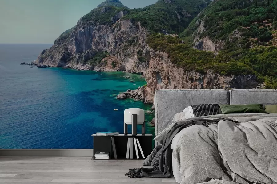 Carta da parati nature Montagne rocciose vicino al mare, disegno ad olio, acqua acquamarina 