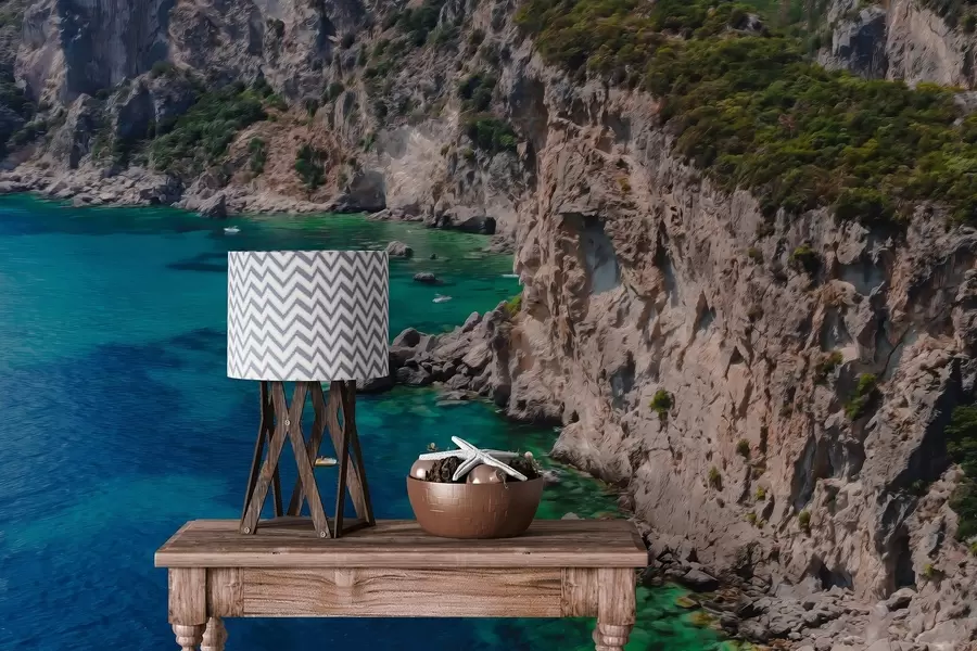 Carta da parati nature Montagne rocciose vicino al mare, disegno ad olio, acqua acquamarina 