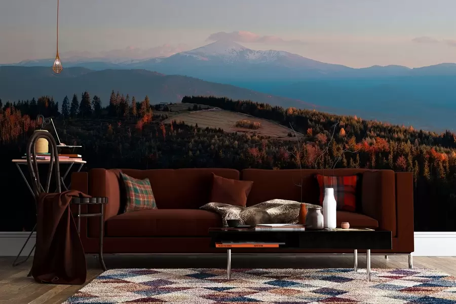 Carta da parati nature Montagne dei Carpazi, texture stile olio, foresta autunnale, cielo al tramonto 