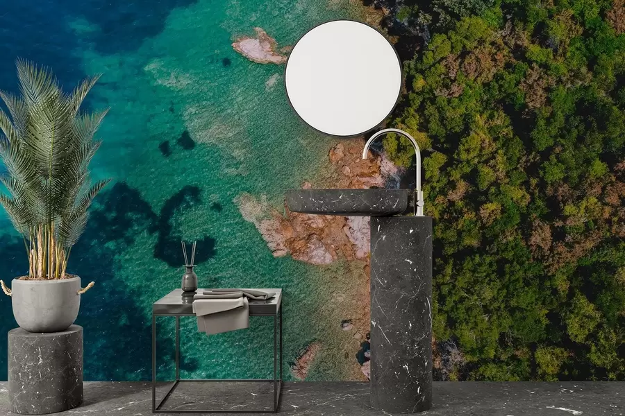 Carta da parati Mare Spagna, costa marina con acqua marina, pineta, fotografia aerea