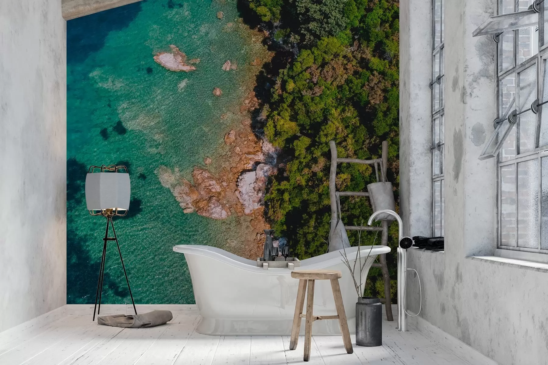 Carta da parati Mare Spagna, costa marina con acqua marina, pineta, fotografia aerea