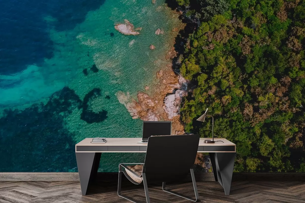 carta da parati Spagna, costa marina con acqua marina, pineta, fotografia aerea nr. w04099