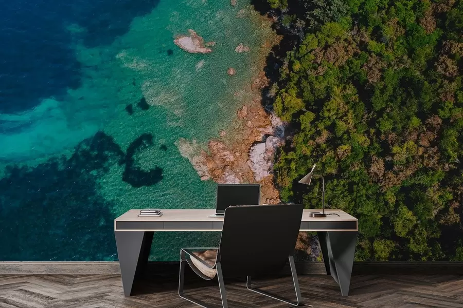 Carta da parati Mare Spagna, costa marina con acqua marina, pineta, fotografia aerea