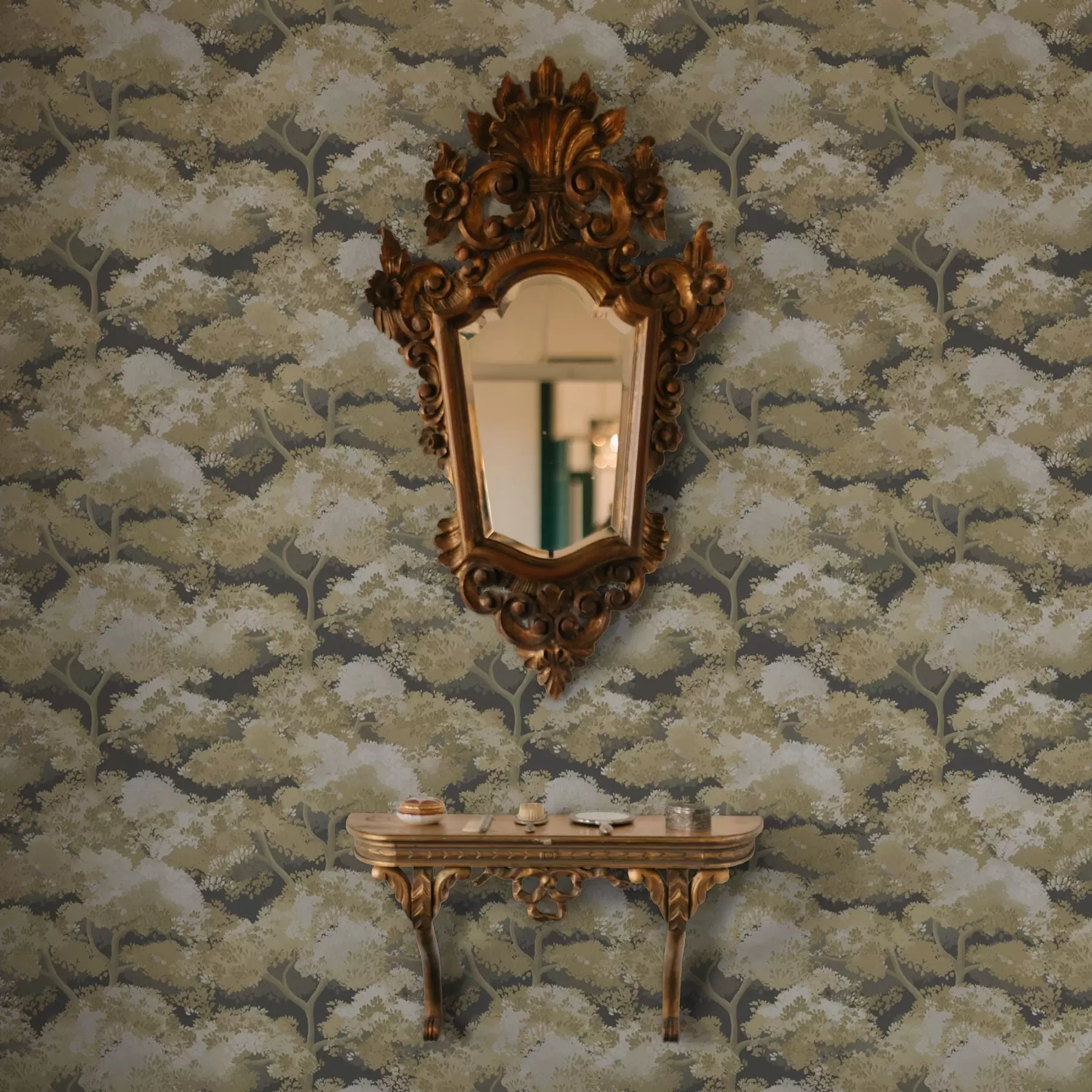 carta da parati Modello di foresta scura con alberi dai colori caldi nr. a00170