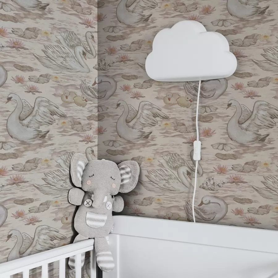 carta da parati Cigni con pulcini su sfondo rosa con ninfee nr. a00176