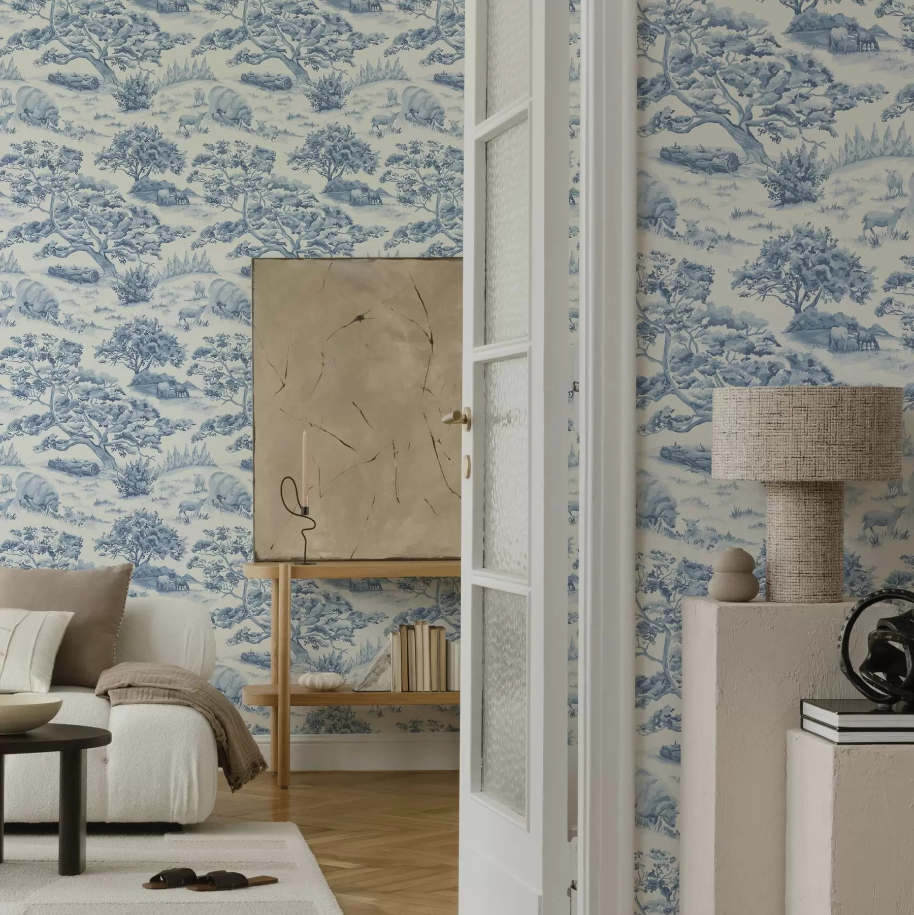 carta da parati Paesaggio rurale nei toni del blu con pecore e alberi nr. a00178