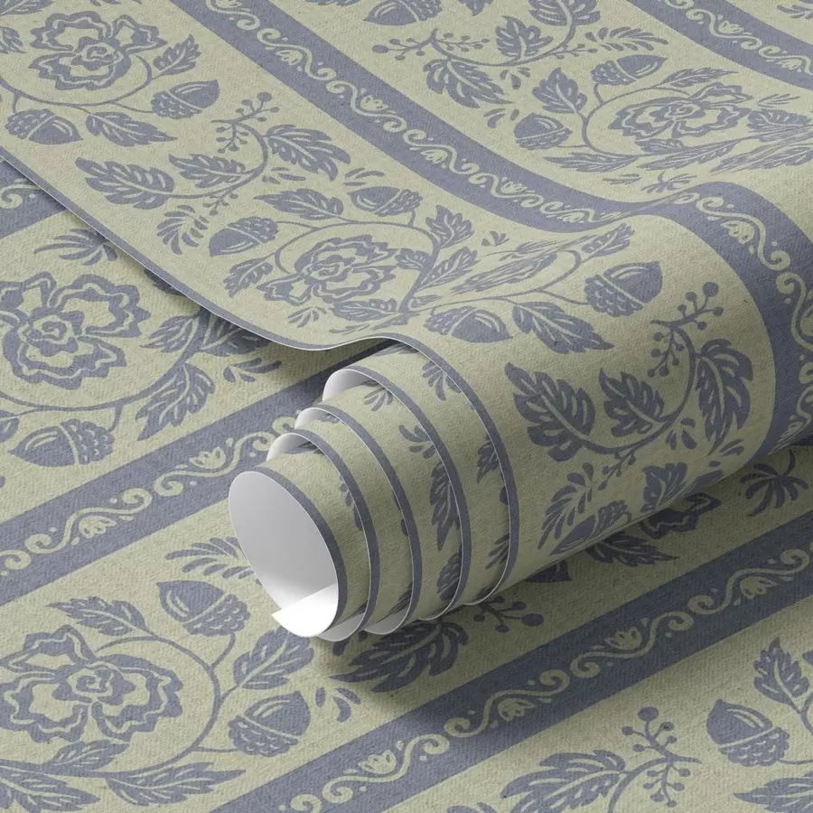carta da parati Ornamento floreale a righe con ghiande nei toni del blu e del beige nr. a00181