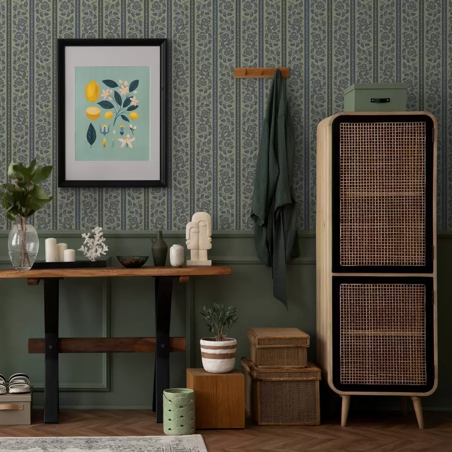 carta da parati Ornamento vintage blu con fiori e ghiande nr. a00181v1