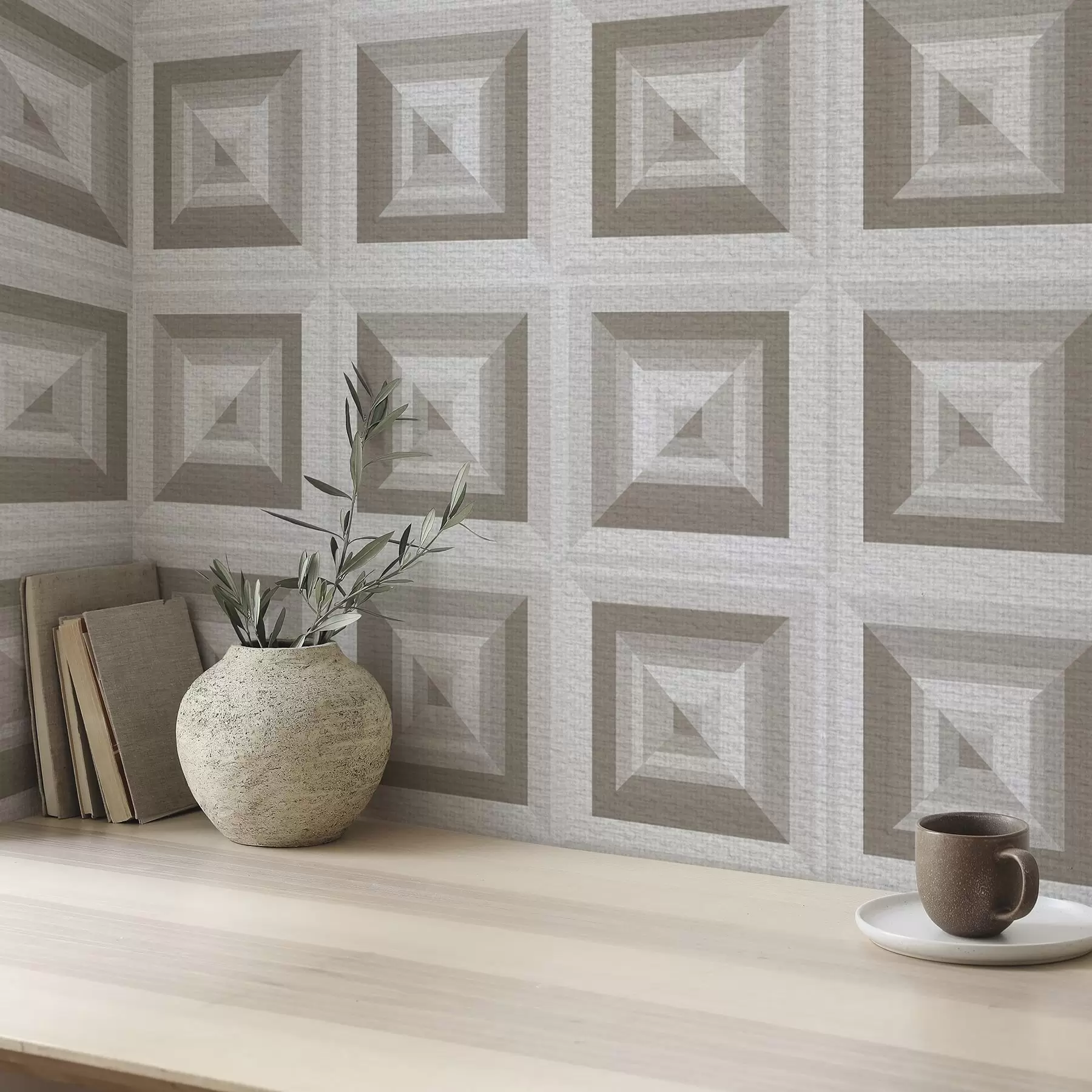 carta da parati Motivo geometrico tridimensionale in grigio e beige nr. a00187