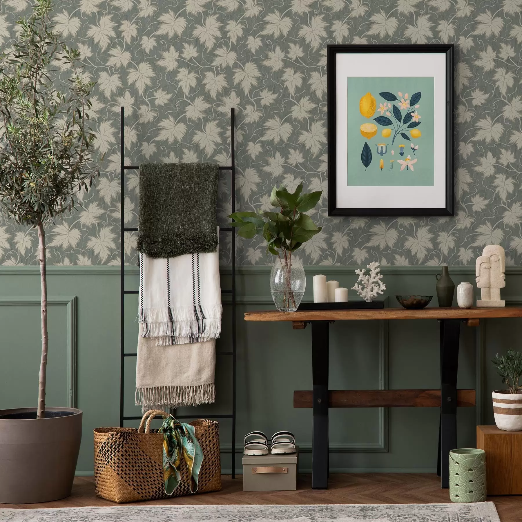 carta da parati Foglia d'uva bianca su sfondo verde nr. a00194