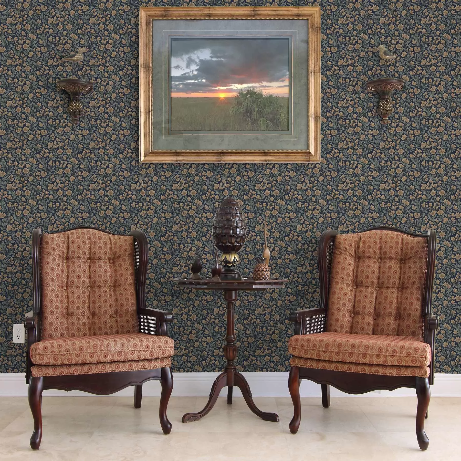 carta da parati Fiori arancioni su sfondo blu scuro in stile vintage nr. a00200