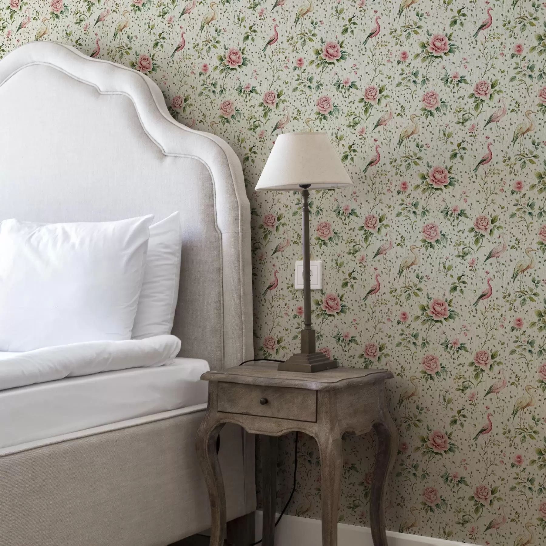 carta da parati Rose rosa pastello e uccelli in stile shabby chic nr. a00201
