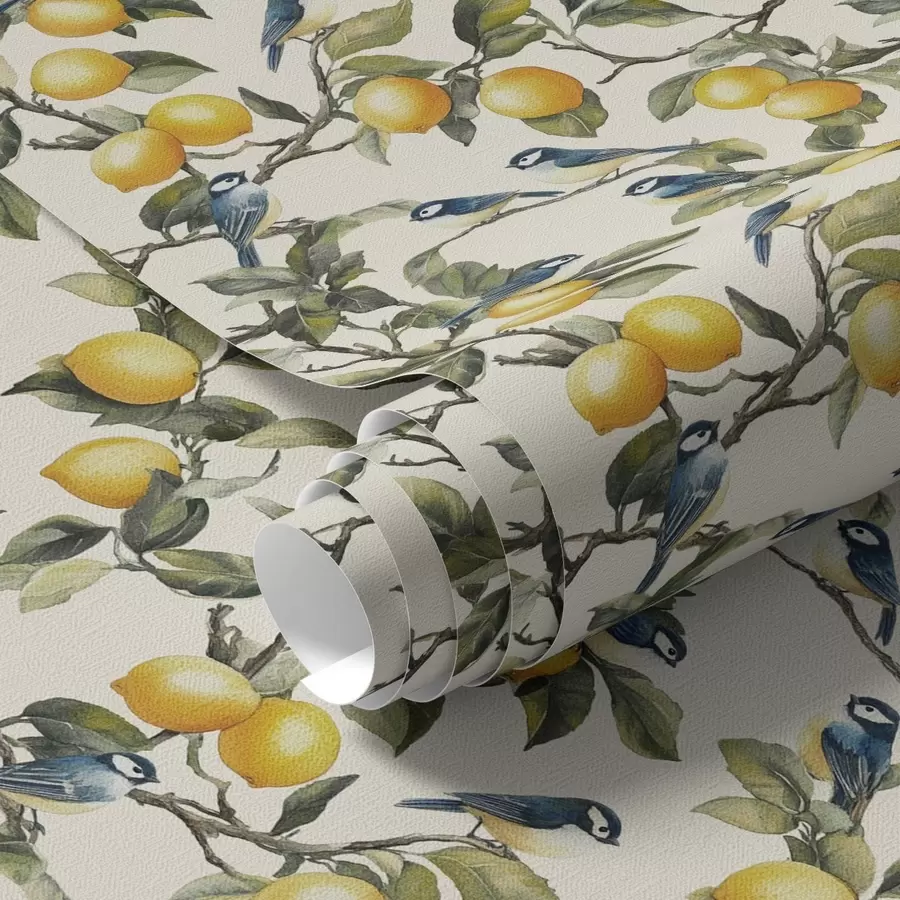 carta da parati Uccelli e limoni sui rami, disegno botanico ad acquerello nr. a00207