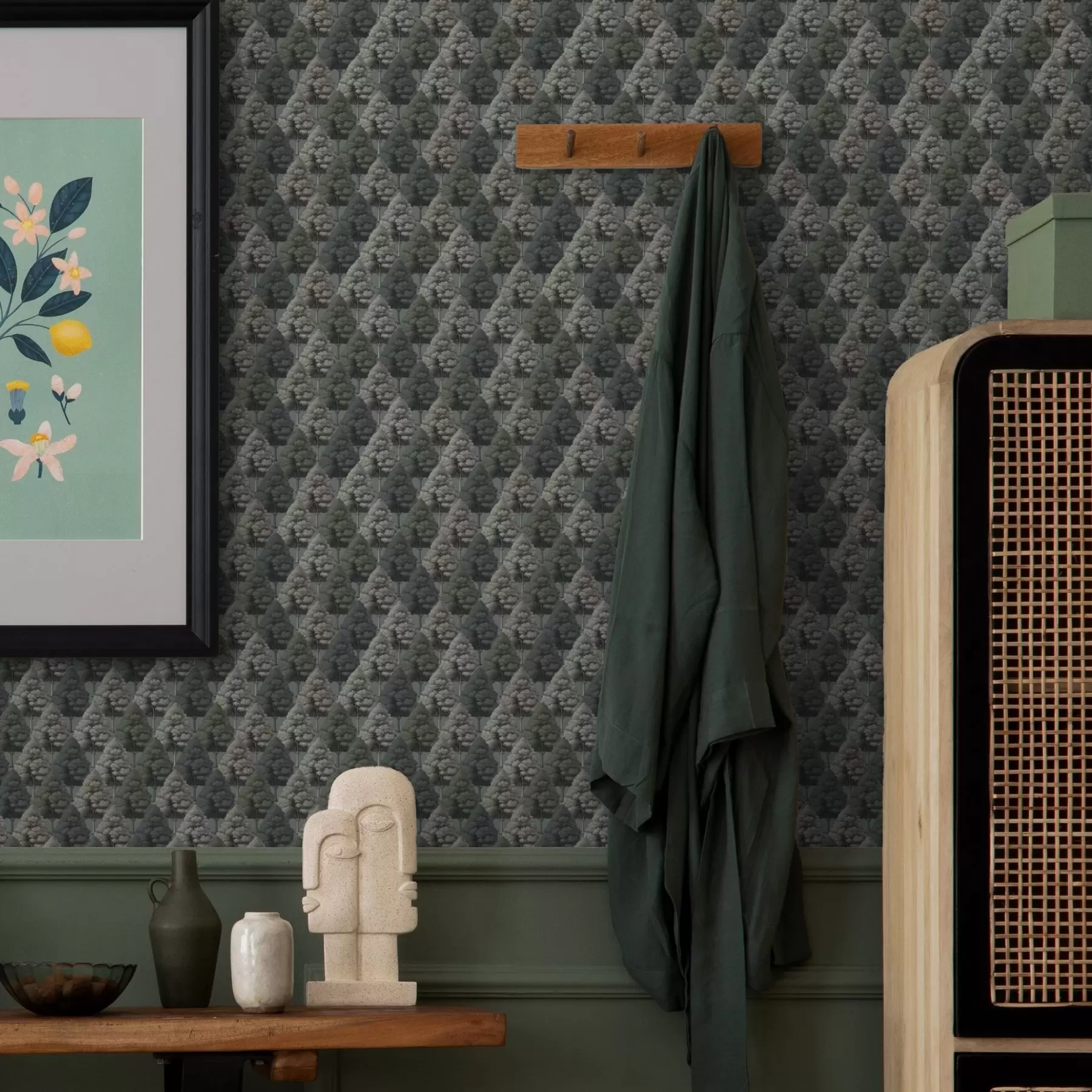 carta da parati Motivo geometrico della foresta con alberi dai colori verdi nr. a00209