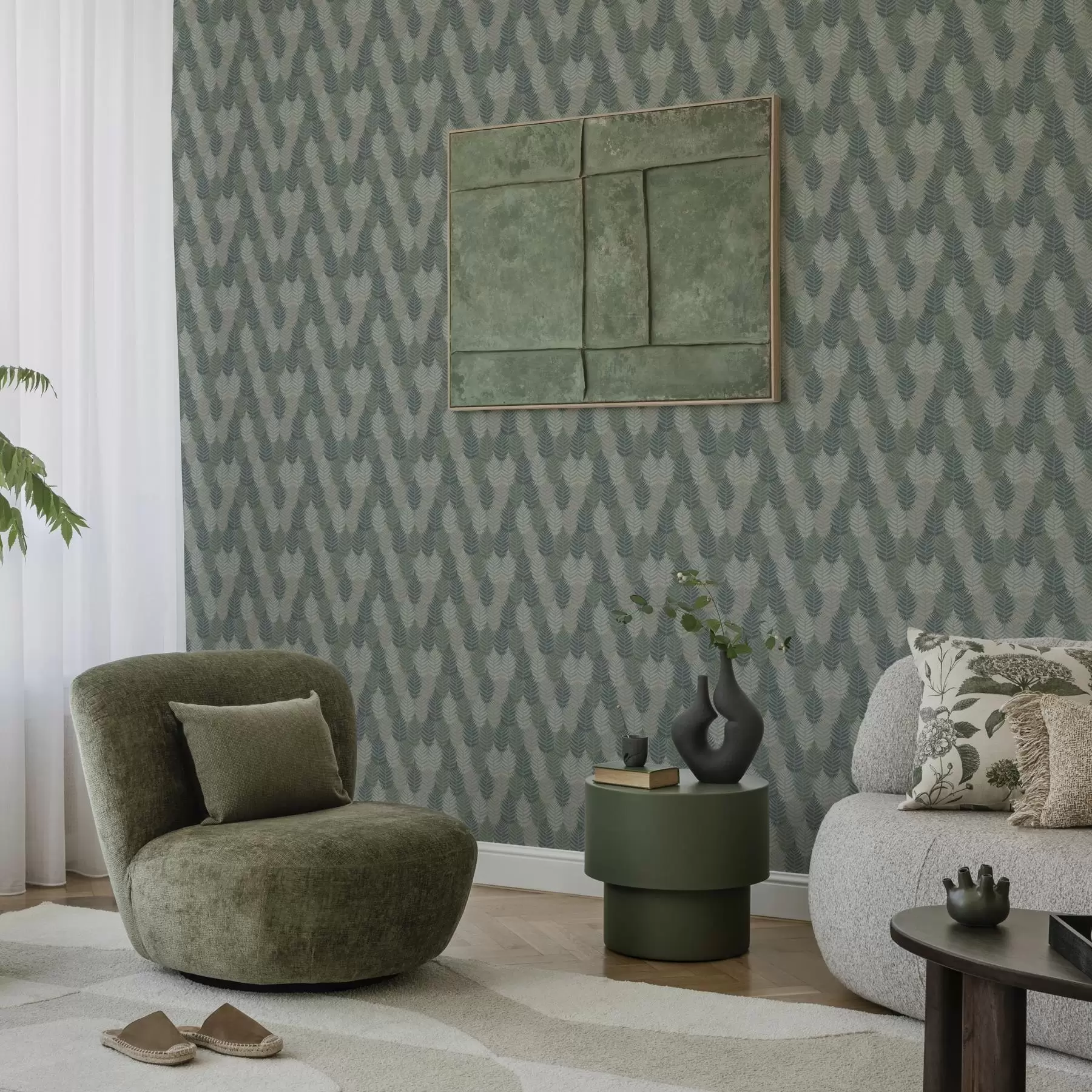 carta da parati Foglie di felce, motivo geometrico, colori verde e blu nr. a00211