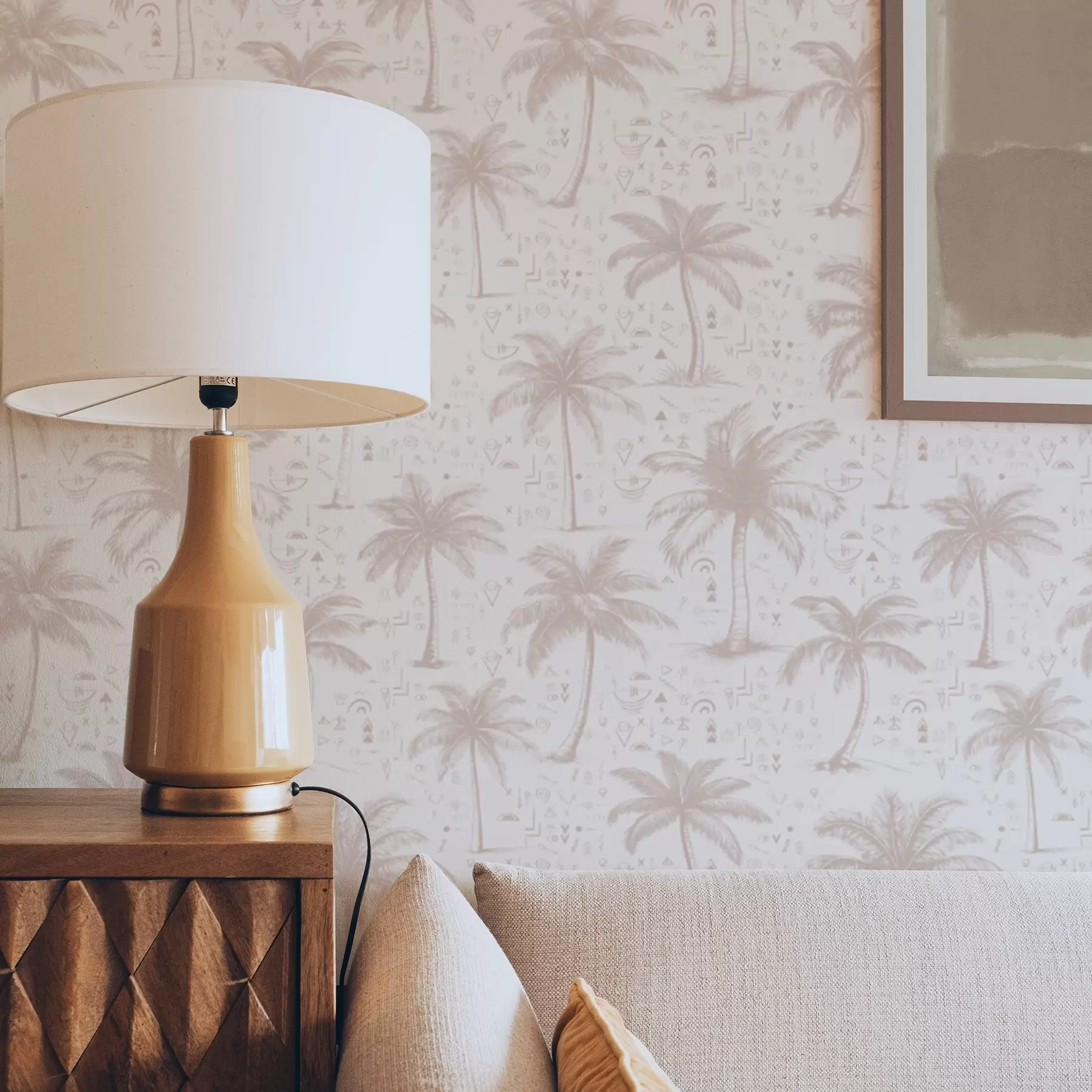 carta da parati Palme con simboli etnici, tonalità rosa pastello nr. a00213