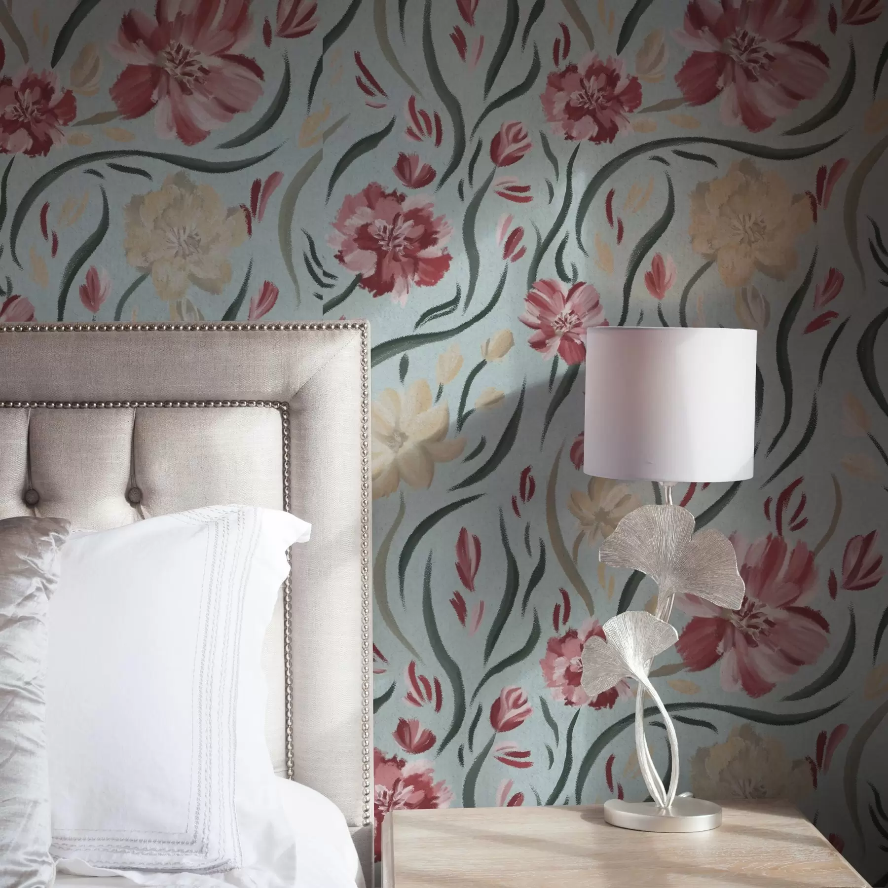 carta da parati Fiori acquerellati su sfondo blu, motivo rosso e beige nr. a00216