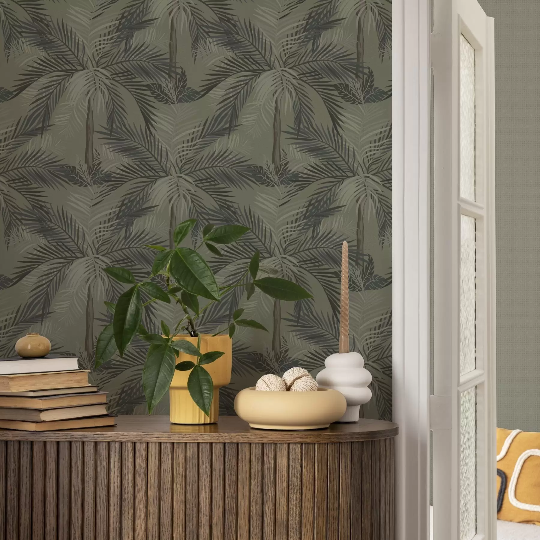 carta da parati Foglie di palma su sfondo di olivo, giungla, tropici nr. a00217