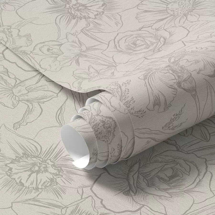 carta da parati Fiori di contorno su sfondo crema, delicato motivo floreale nr. a00218