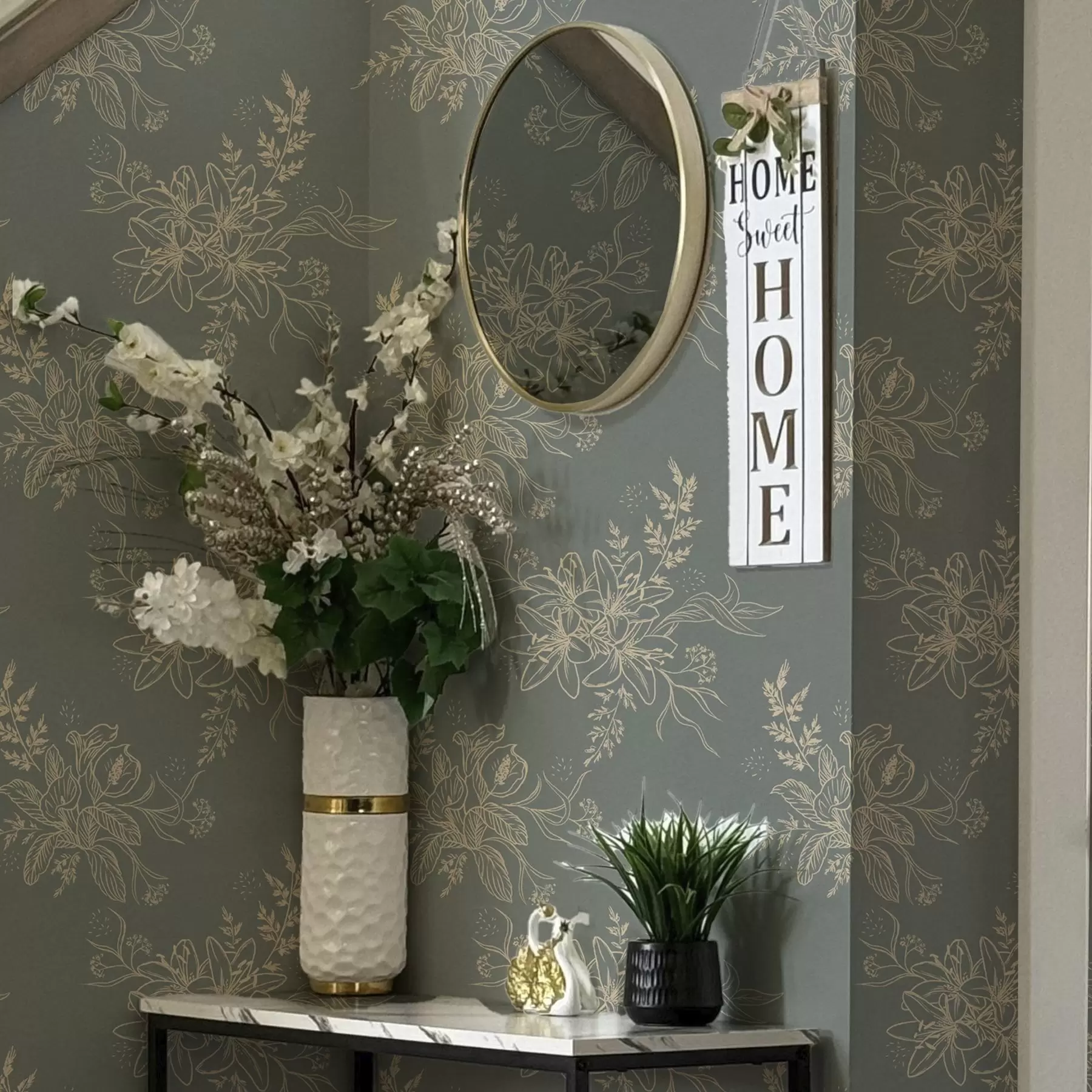 carta da parati Fiori di contorno su sfondo grigio-blu, elegante motivo botanico nr. a00226