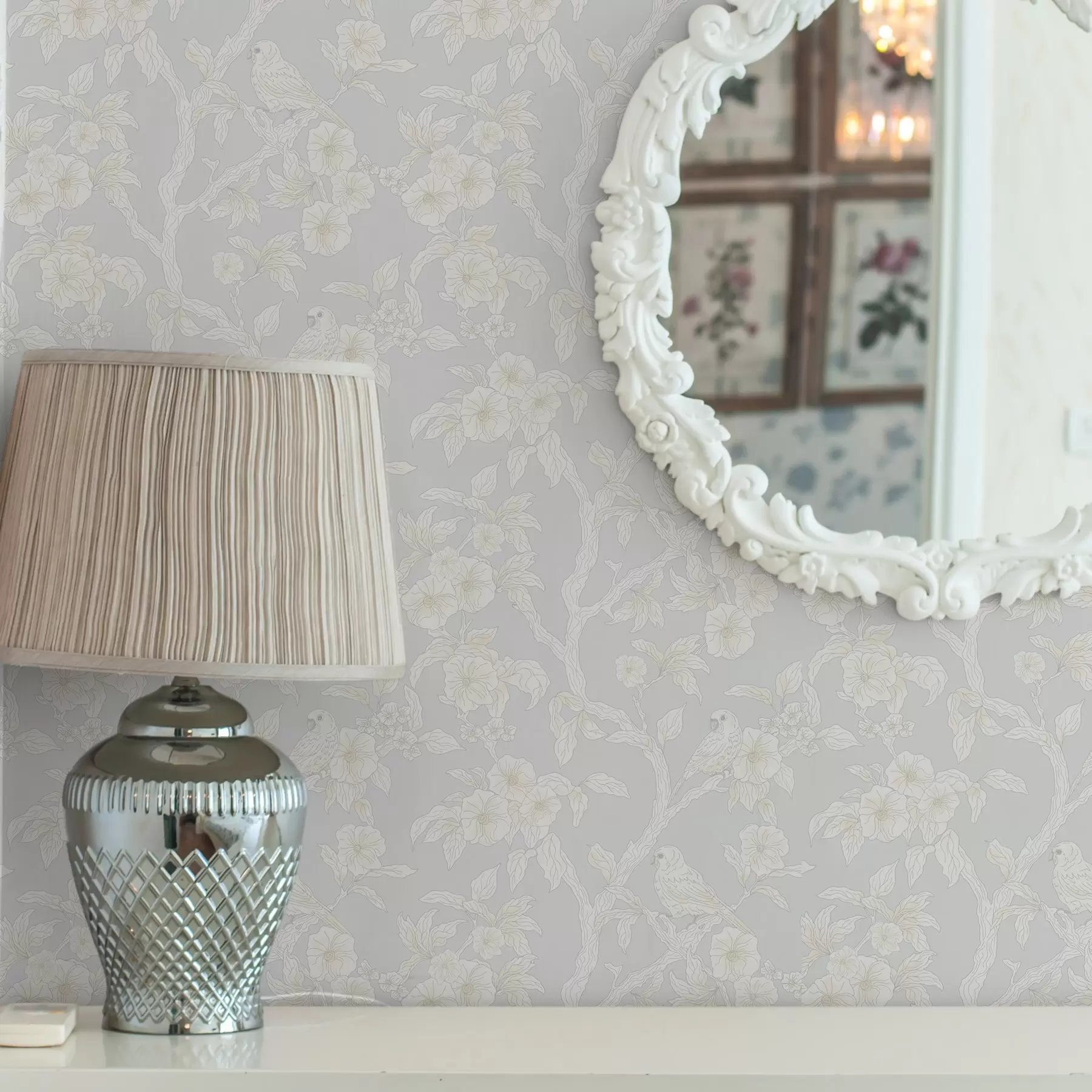 carta da parati Leggero motivo di uccelli su rami, tavolozza pastello, classico nr. a00230