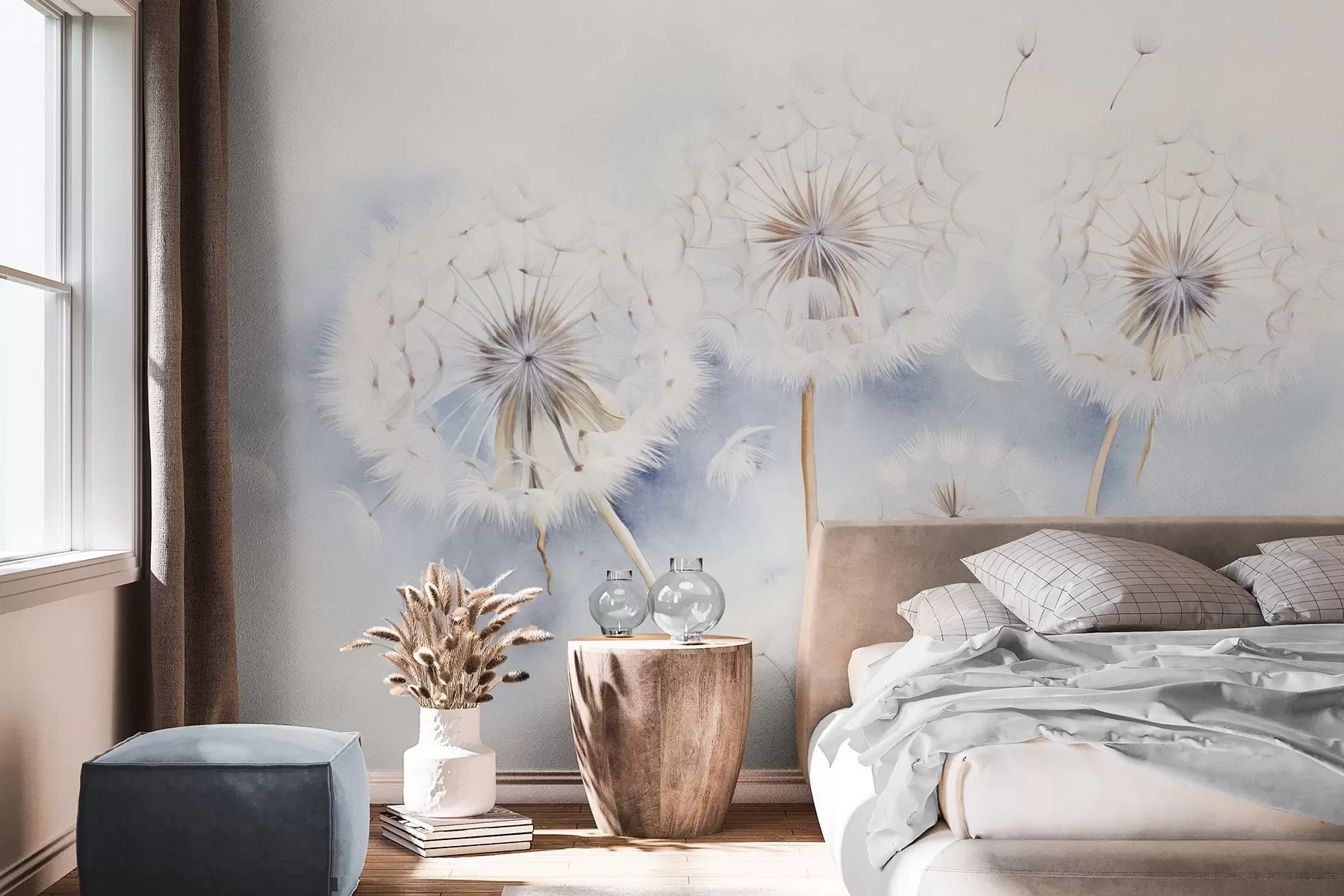 Carta da parati Floreale Dente di leone strutturato con semi che fluttuano nell'aria, sfondo azzurro e bianco, stile di disegno morbido e delicato n. w09190