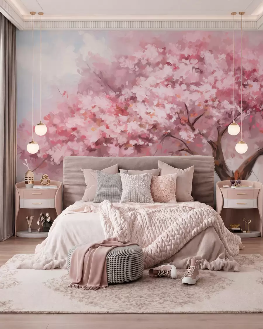 carta da parati Albero astratto di fiori rosa in piena fioritura, accanto a un fiume, pennellate morbide e colori pastello nr. w09193