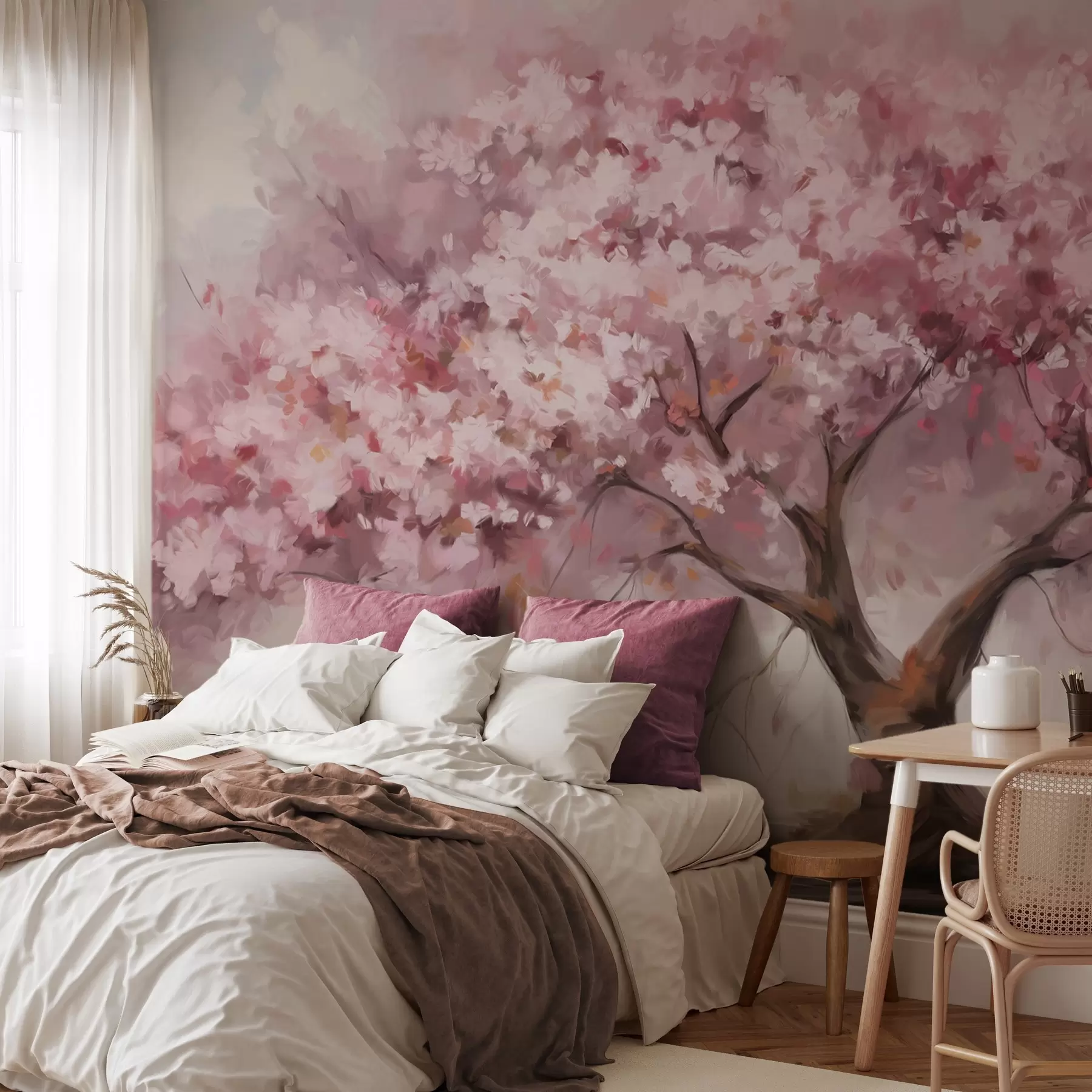 carta da parati Albero astratto di fiori rosa in piena fioritura, accanto a un fiume, pennellate morbide e colori pastello nr. w09193