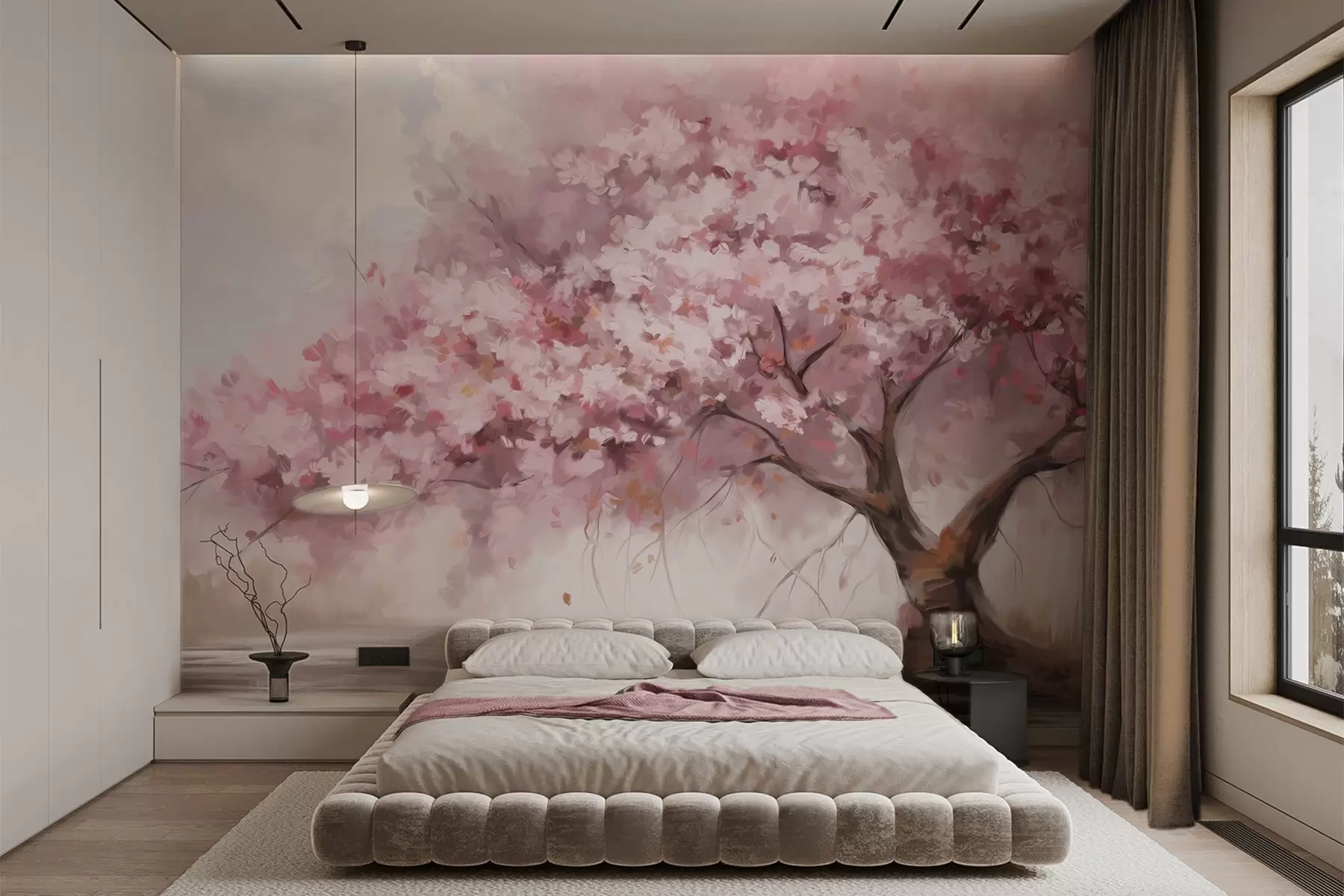 carta da parati Albero astratto di fiori rosa in piena fioritura, accanto a un fiume, pennellate morbide e colori pastello nr. w09193