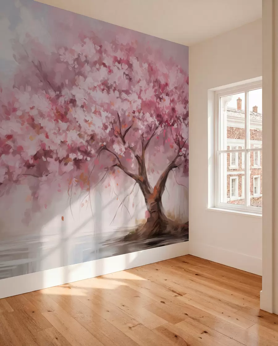 carta da parati Albero astratto di fiori rosa in piena fioritura, accanto a un fiume, pennellate morbide e colori pastello nr. w09193