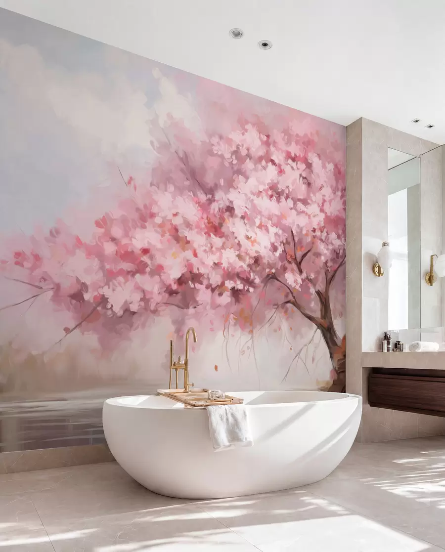 carta da parati Albero astratto di fiori rosa in piena fioritura, accanto a un fiume, pennellate morbide e colori pastello nr. w09193