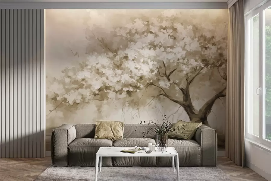 carta da parati Albero astratto di fiori beige in piena fioritura, accanto a un fiume, pennellate morbide e colori pastello nr. w09193v1