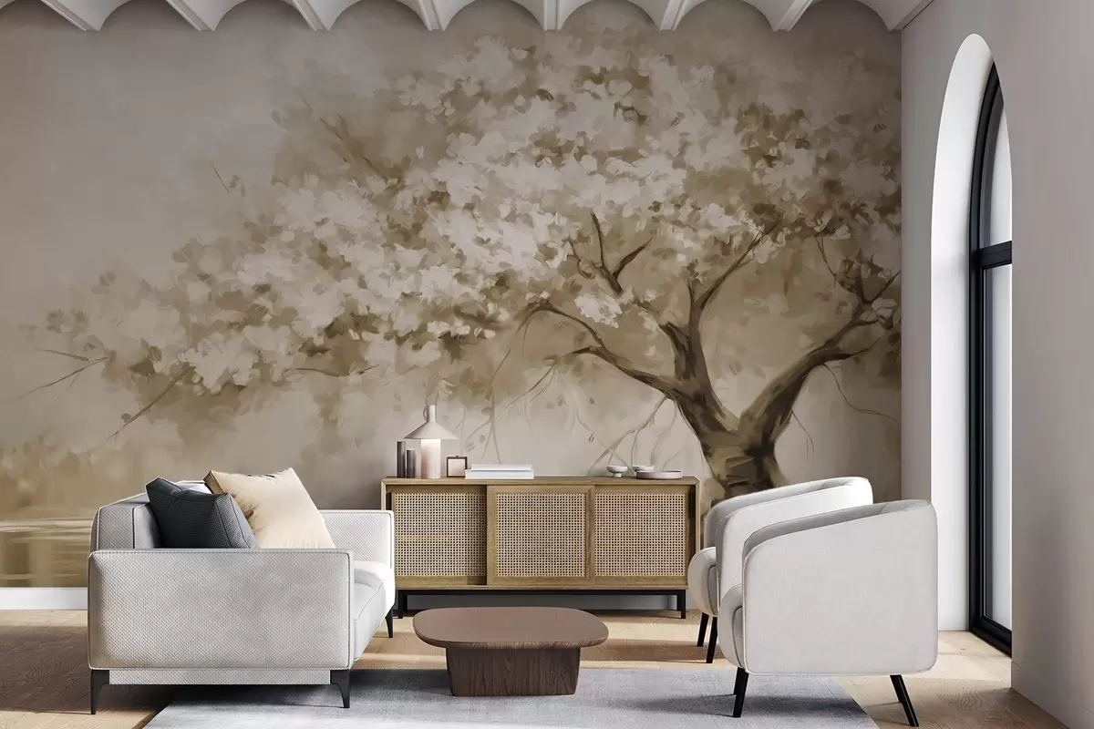 carta da parati Albero astratto di fiori beige in piena fioritura, accanto a un fiume, pennellate morbide e colori pastello nr. w09193v1