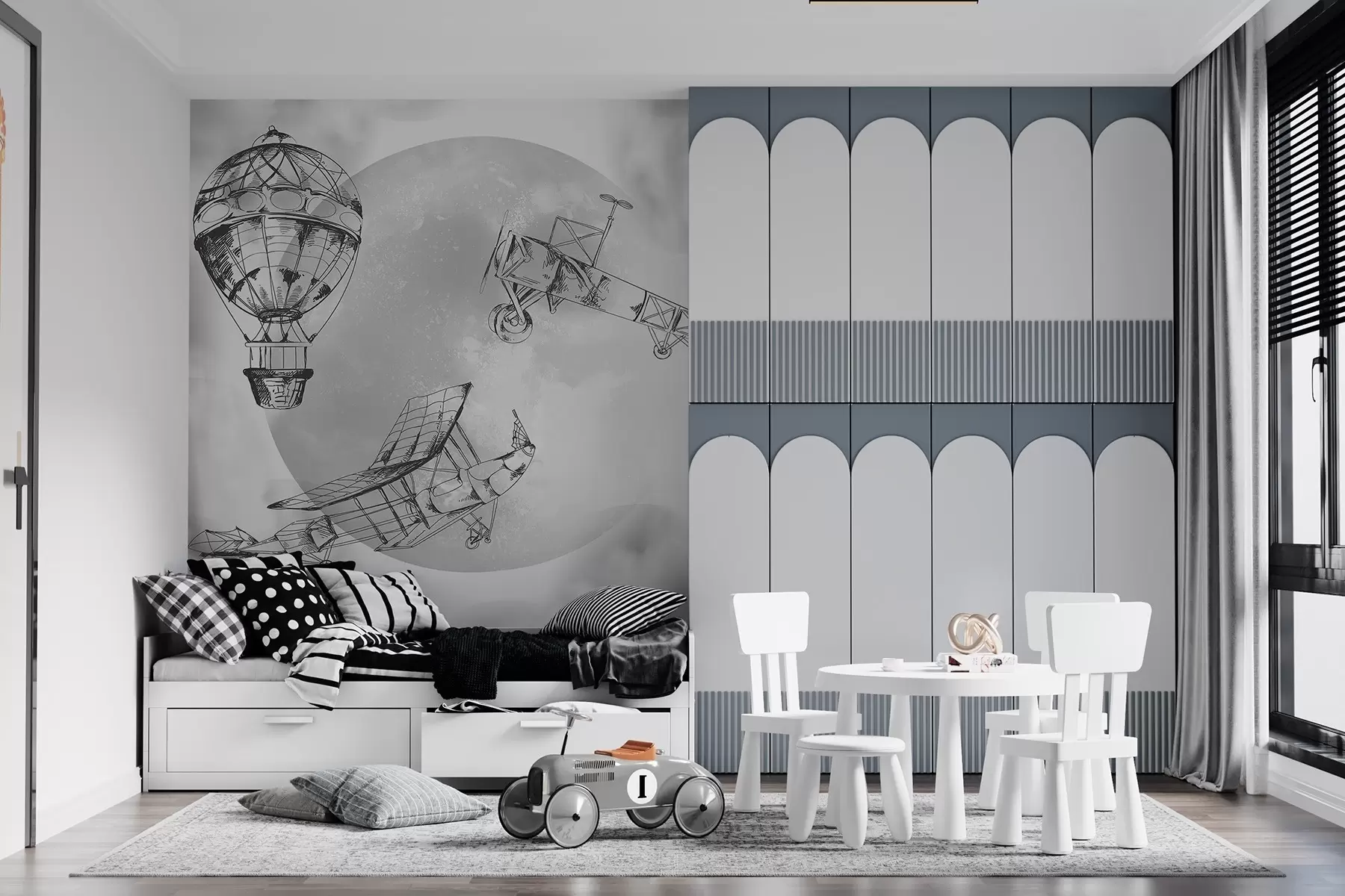 carta da parati Aeroplani retrò sullo sfondo della luna e delle nuvole nr. w04085