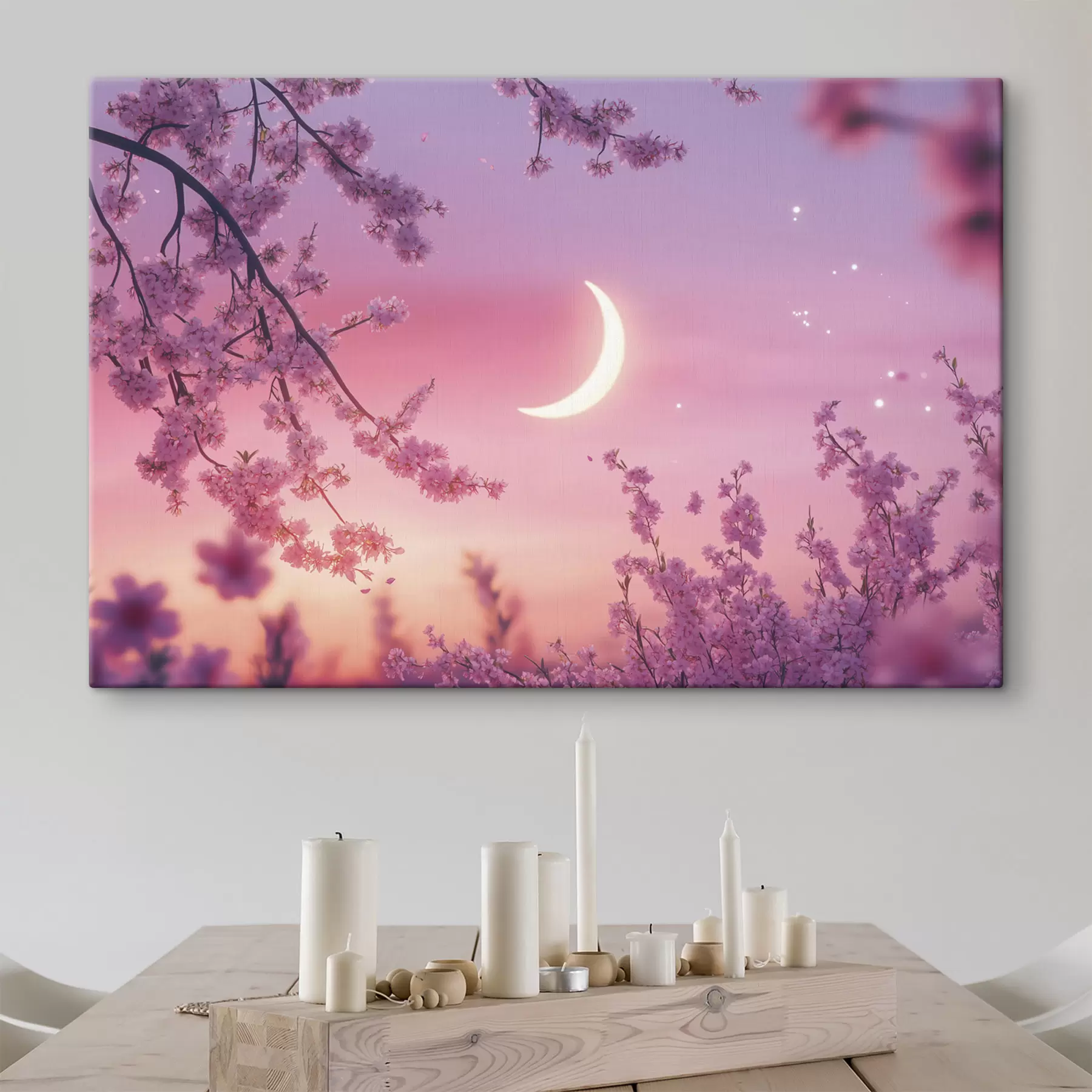 carta da parati Fiori di ciliegio, cielo rosa con luna splendente, realismo nr. s44715