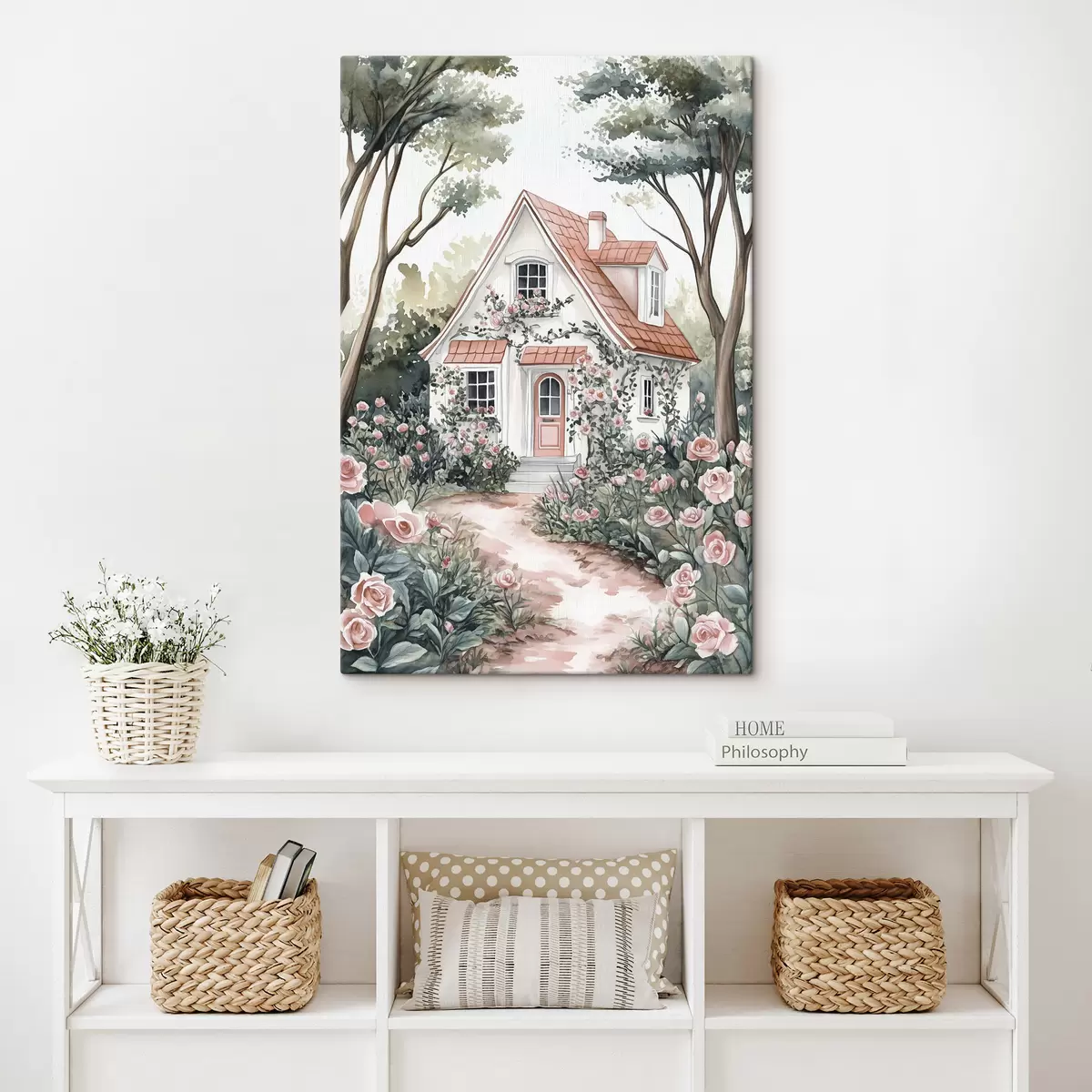 carta da parati Casa bianca con giardino di rose nel bosco nr. s44716