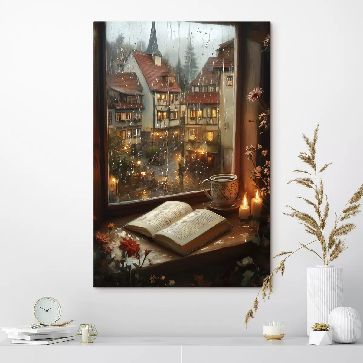 carta da parati Libro sul davanzale della finestra, candele, giornata di pioggia, ambiente accogliente nr. s44722